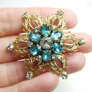 Vintage Scitarelli Flower Shape Blue Rhinestone Gold Tone Brooch, signed, estate